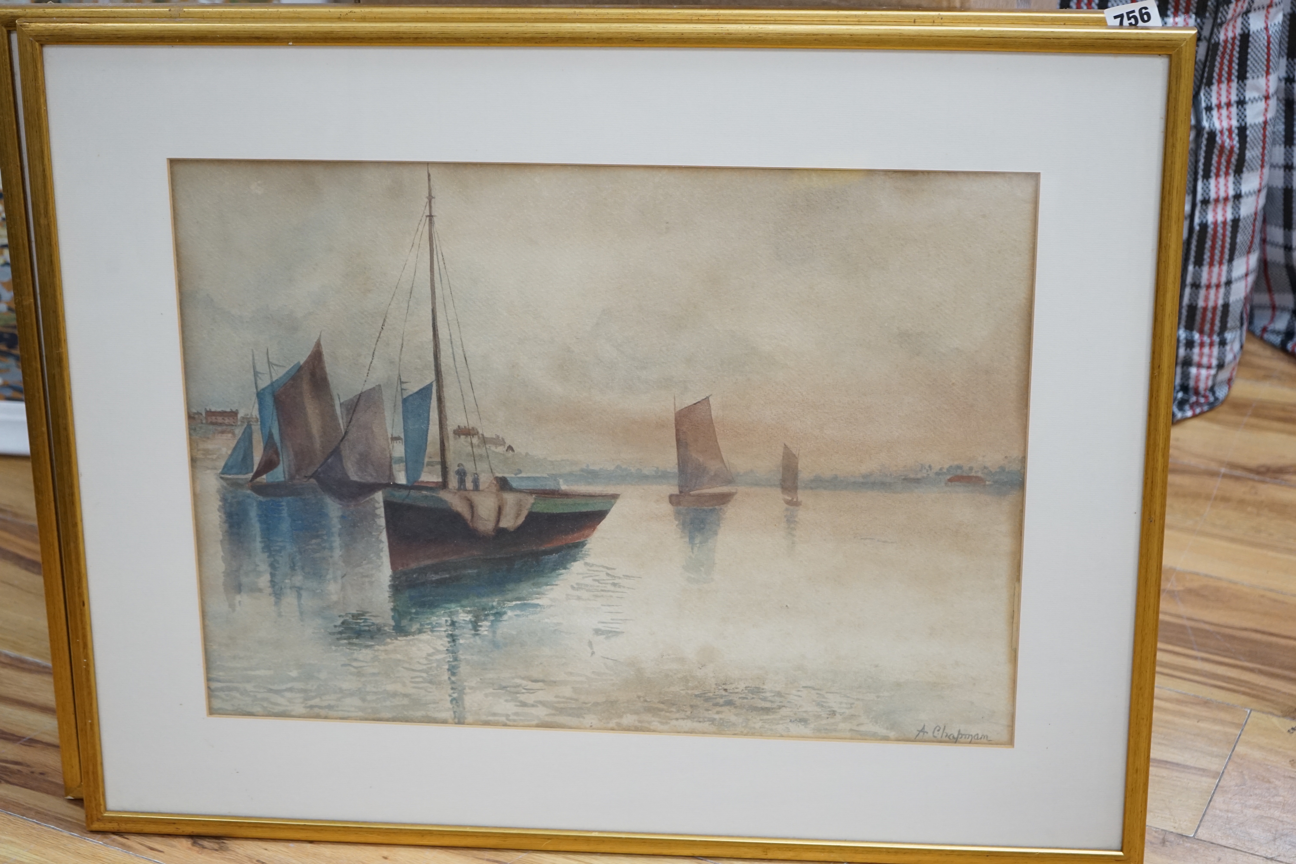 A. Chapman (20th. C) pair of watercolours, Harbour scenes with moored boats, each signed, 39 x 53cm